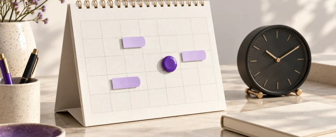 Illustration of a desk calendar with purple appointment tabs beside a clock.