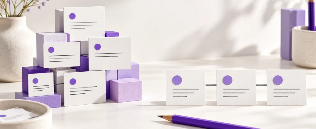 Conceptual illustration of modular project cards beside a connected task sequence.