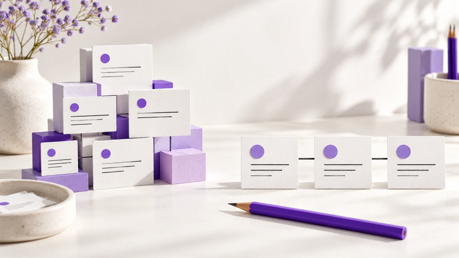 Purple project blocks and connected task cards on a bright desk.