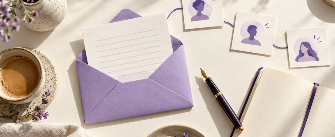 Illustration of a newsletter envelope, notebook, and connected reader cards.