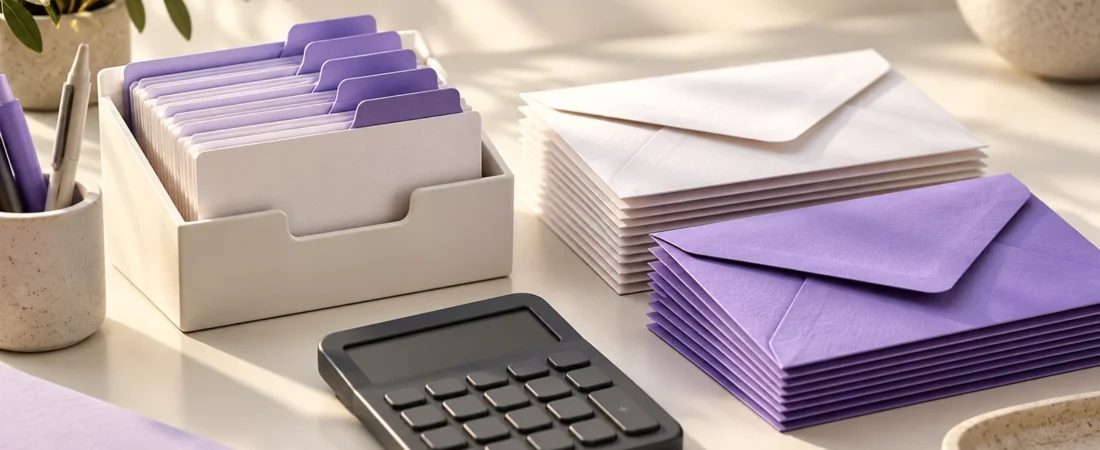 Illustration of contact cards, envelope stacks, and a calculator for email planning.