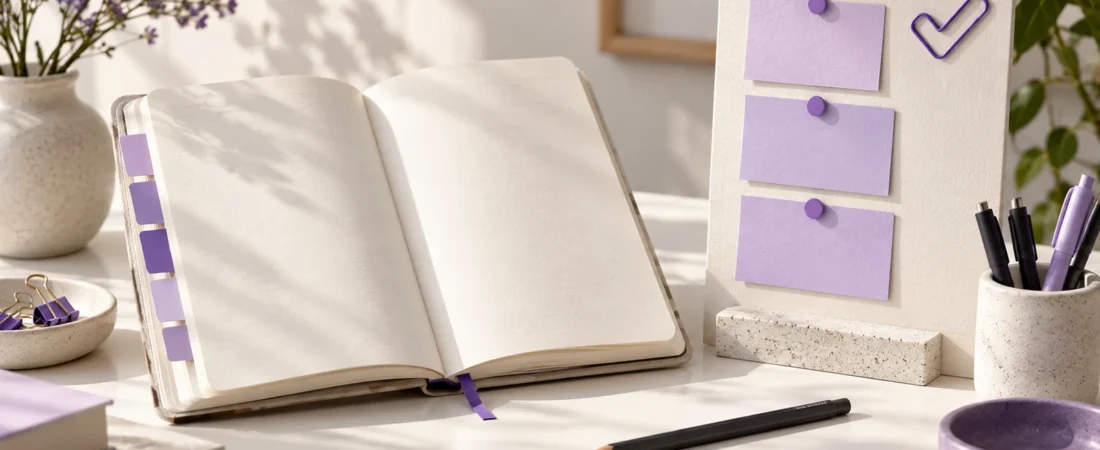 Illustration of an indexed notebook beside a board of task cards.